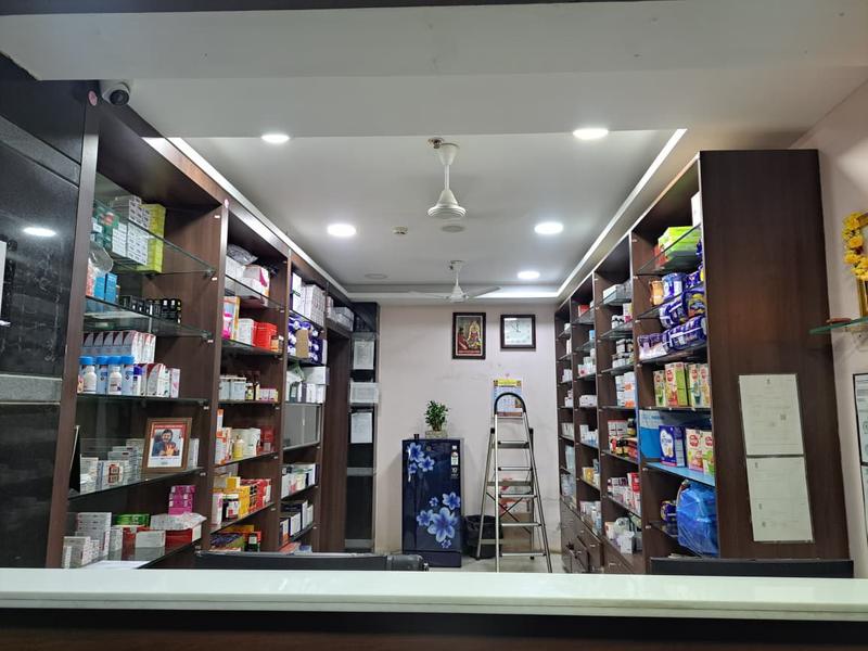 In-house pharmacy at Mahalakshmi Multispeciality Hospital, Shivamogga, stocked with medicines and baby-care products