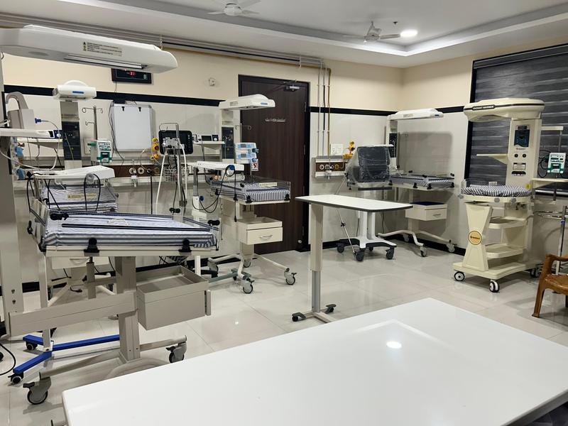 Neonatal intensive care unit (NICU) at Mahalakshmi Multispeciality Hospital, Shivamogga, with radiant warmers, phototherapy units and infusion pumps